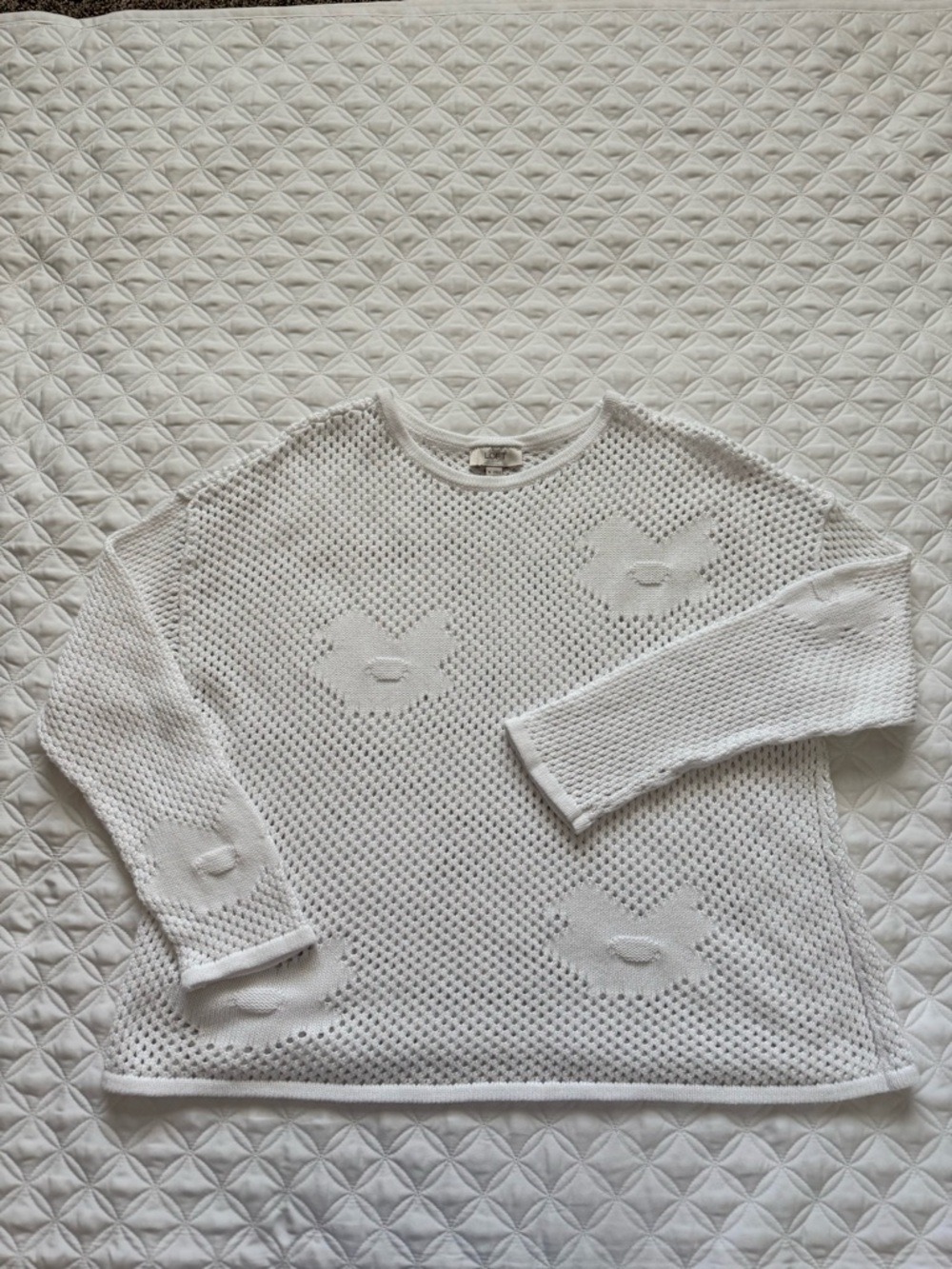 LOFT Outlet White Open-Knit 100% Cotton Crewneck Sweater Size XL